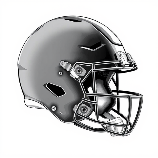 Create a highly detailed illustration of an American football helmet from a side view, using strong lines and shading to enhance depth, captured with a DSLR camera at f/2.8, 50mm lens, ISO 100, natural lighting to emphasize texture and contours.