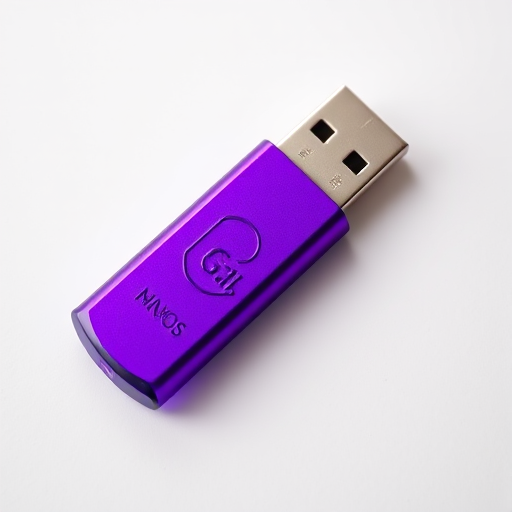 Create a high-resolution image of a purple USB flash drive with a clean background, using a macro lens at f/2.8 aperture, 1/50 shutter speed, and ISO 100, capturing the object from a top-down perspective.