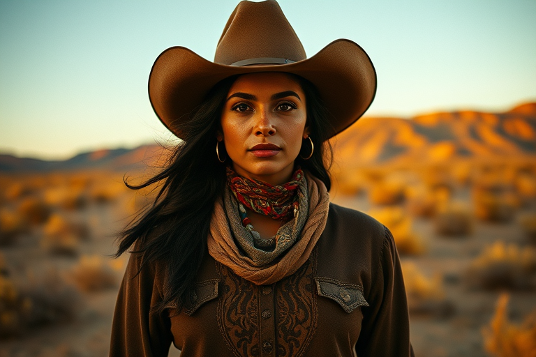 Dramatic photo of a beautiful Mestizo woman, classic cowboy attire, confident and free spirit expression, half-length portrait, centered, golden hour desert landscape, warm, diffused light, low angle, medium format film camera, in style of Annie Leibovitz.