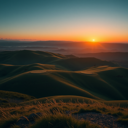 Create a high-resolution image of a serene landscape featuring rolling hills and a sunset backdrop, captured with a Canon EOS 5D Mark IV, aperture f/8, shutter speed 1/250s, ISO 400, wide-angle view, natural lighting, and a soft focus style.