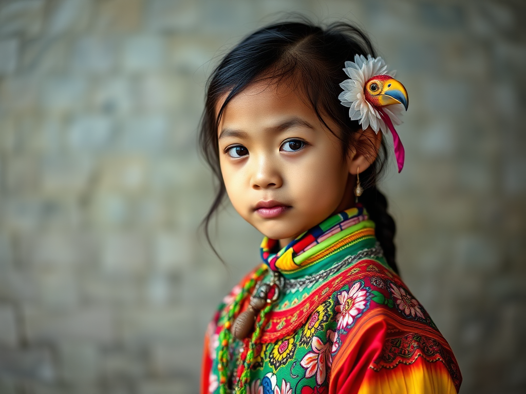 A beautiful Cambodian girl, wearing colorful bird clothing with vibrant colors