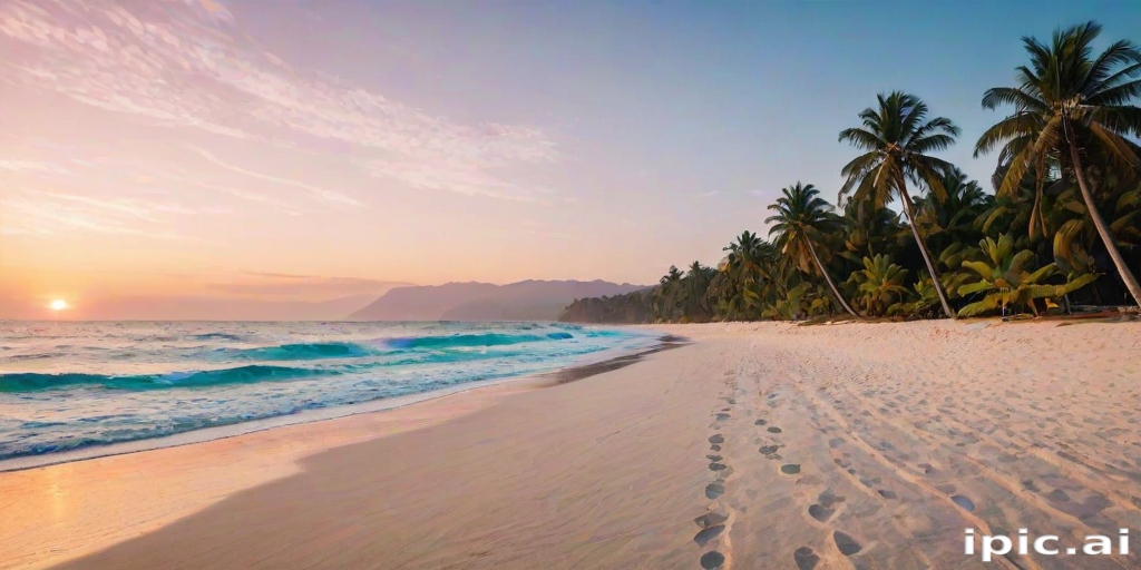 Serene Sunset Over a Tranquil Beach with Gentle Waves and Palm Trees