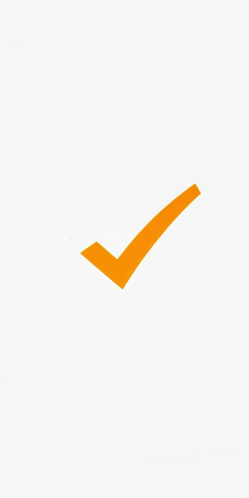 Regenerate an image of a large orange check mark on a plain white background using a DSLR camera with aperture f/2.8, shutter speed 1/200s, ISO 100, in a close-up macro view to enhance image quality.