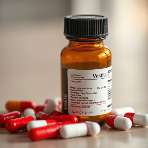Generate an image of a prescription bottle with red and white capsules beside it, shot with a 50mm lens, at f/2.8 aperture, in natural lighting, using a DSLR camera, with a slight top-down angle to emphasize the bottle and capsules.