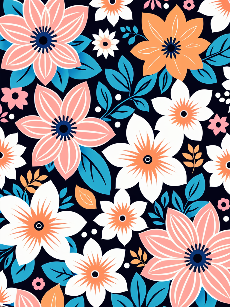 Colorful Floral Pattern with Vibrant Flowers and Lush Greenery on Dark ...