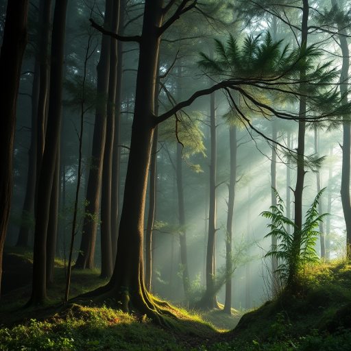 Create a high-resolution image of a mystical forest with soft, diffused lighting, using a Canon EOS R5 at f/2.8, ISO 100, shot in landscape mode from a low angle to capture depth and texture, ensuring vibrant colors and sharp details in a dreamy style.