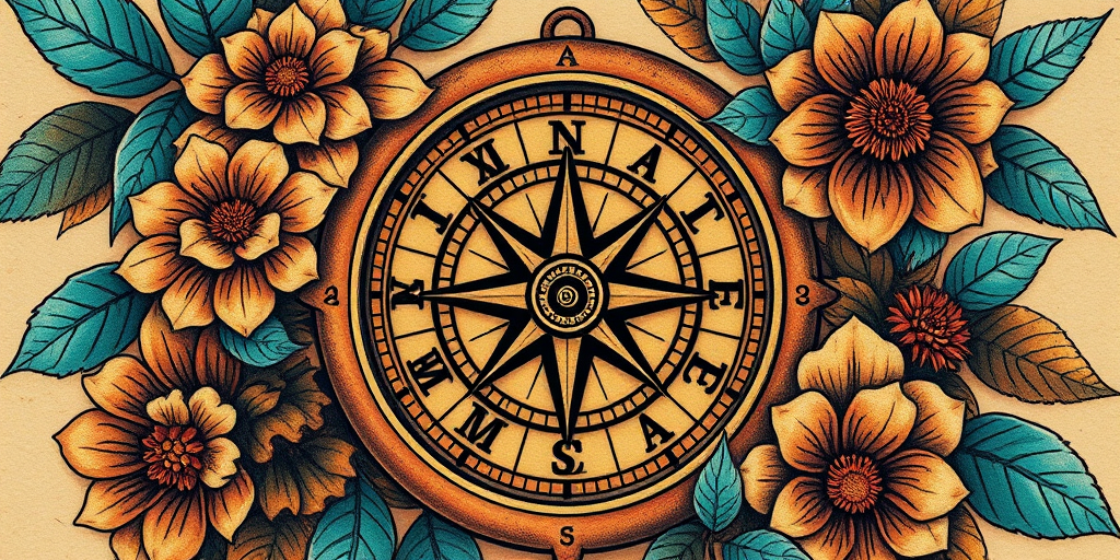 Realistic neo-traditional tattoo portraying a vintage compass surrounded by lush botanical elements, rich earth tones with pops of turquoise, weathered antique look with subtle gradients