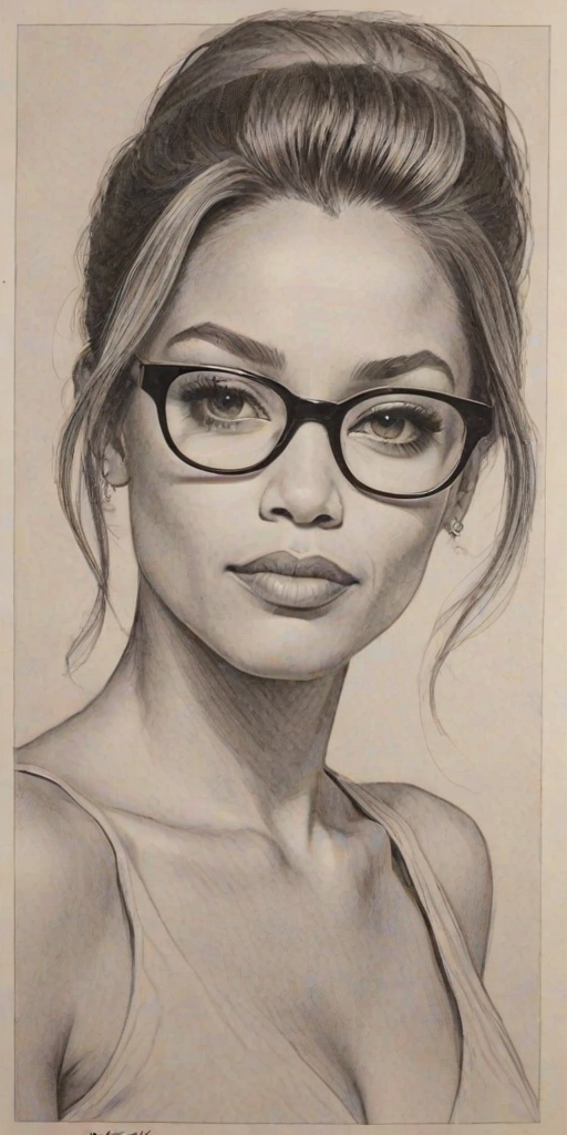 Beauteous Michael Michele, pencil sketch, portrait of Fascinating woman 1964s in glasses, hair style beatnik, outline, clear lines, fine lines, 8k
