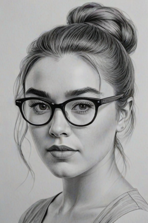 Alluring Florence Pugh, pencil sketch, portrait of Delightful woman 1957s in glasses, hair style beatnik, outline, clear lines, fine lines, 8k