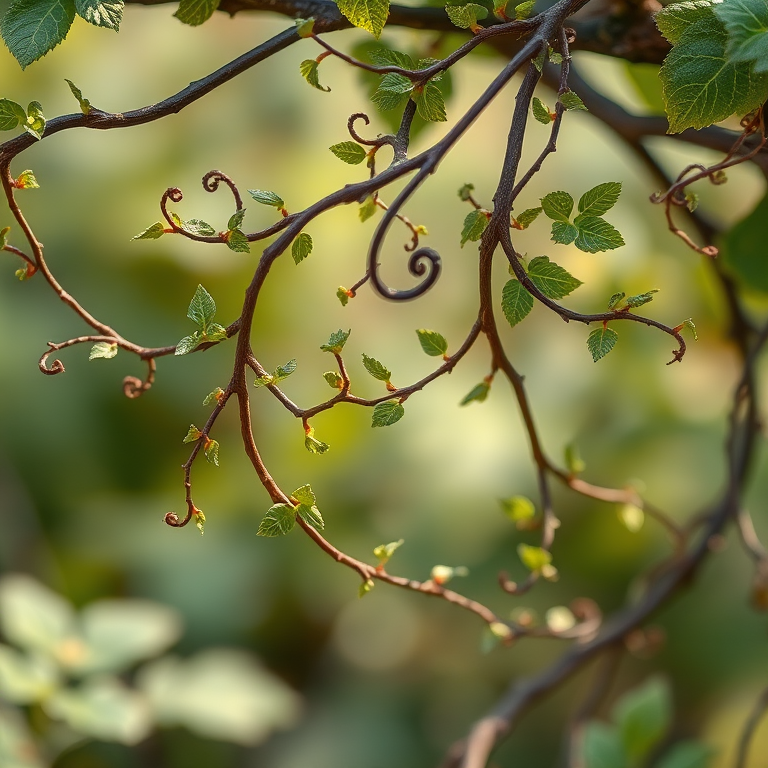 Create a detailed illustration of a vine with intricate swirling branches and small leaves, using a high-resolution image setting, macro lens, shallow depth of field, and soft natural lighting to enhance texture and detail.
