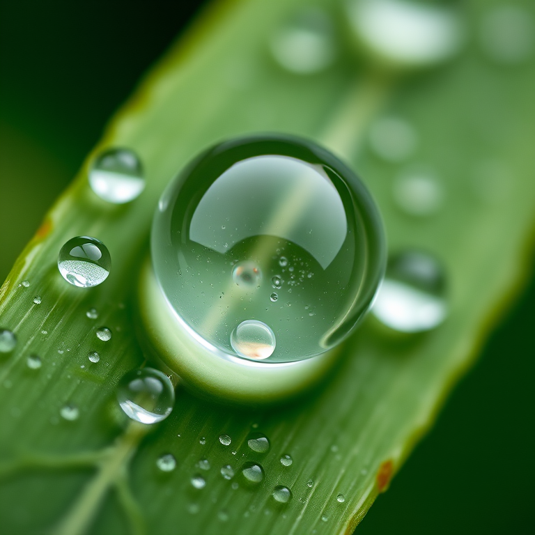 macro photography of water droplets on a green leaf with a shallow depth of field, f/2.8 aperture, ISO 100, 50mm lens, natural light, focus on the largest droplet, slight bokeh background