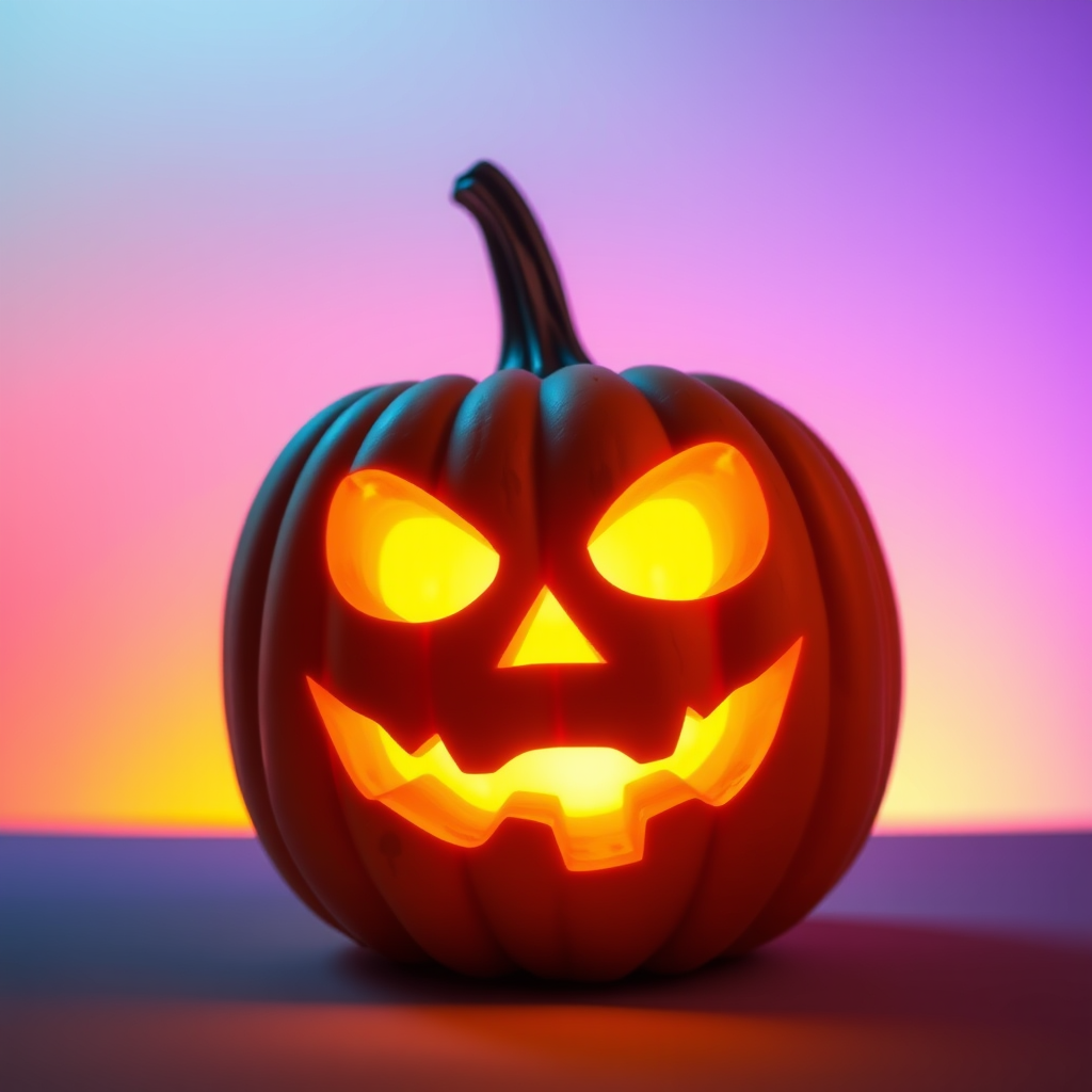 Create a glowing Halloween pumpkin with cartoonish features and a ghostly effect, shot with a Canon EOS R5 at f/2.8, ISO 100, 1/125s, in a vibrant gradient background with soft diffused lighting.