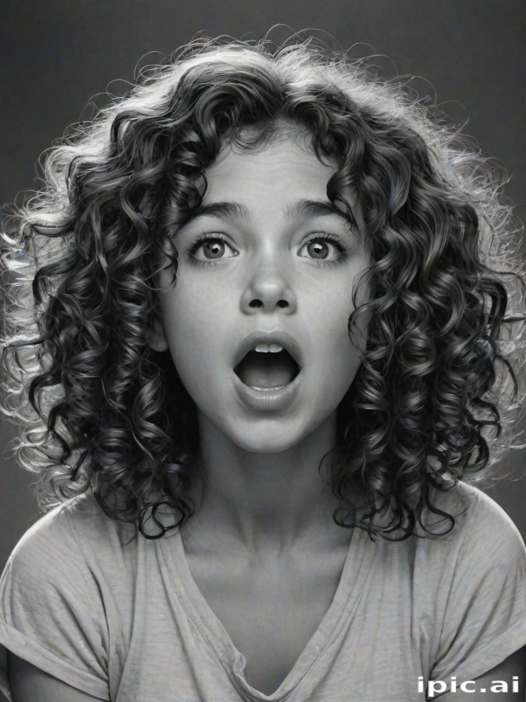 The image is a black and white illustration of a young girl with curly hair. She has a surprised expression on her face with her mouth open and her hands clasped together in front of her chest. Her eyes are wide and her eyebrows are furrowed. Her hair is styled in loose curls that are cascading down her back. The overall mood of the image is one of shock or surprise.
