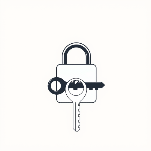 Create a high-resolution vector illustration of a stylized key and padlock in a minimalistic design, using a wide-angle lens effect, f/8 aperture, ISO 100, and soft natural lighting to enhance detail and clarity.