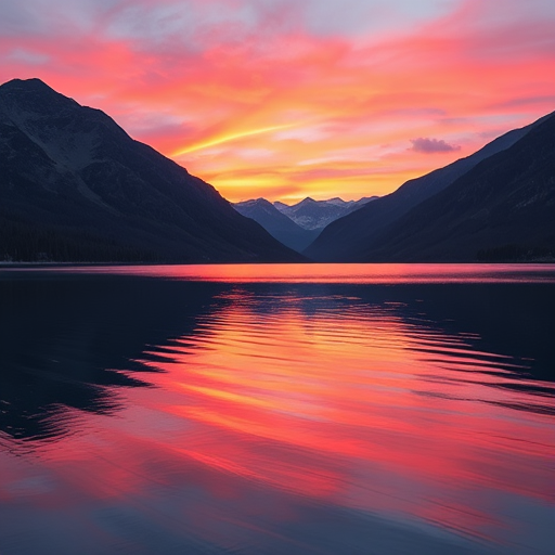 Create a high-quality landscape image of a serene lake surrounded by mountains during sunset, with vibrant colors reflecting on the water surface, captured with a Canon EOS R5, 24mm lens at f/8, ISO 100, using a long exposure setting for smooth water and a wide angle view for depth.