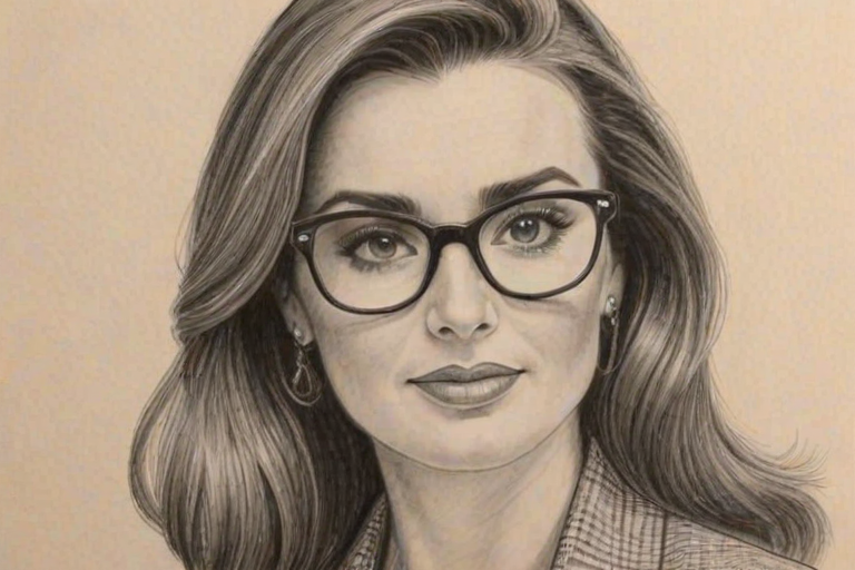 Charming Kyle Richards, pencil sketch, portrait of Lovely woman 1951s in glasses, hair style beatnik, outline, clear lines, fine lines, 8k