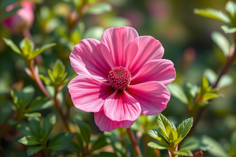 Create a high-resolution illustration of a pink flower surrounded by green foliage with a soft-focus background, using a digital art style, with vibrant colors and detailed textures, captured as if taken with a DSLR camera at f/2.8, 50mm lens, ISO 100, in natural lighting.