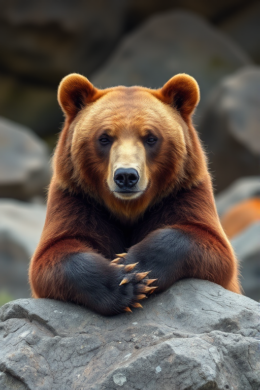 Capture a relaxed brown bear resting on a rock in a natural setting, using a Canon EOS 5D Mark IV, 85mm lens, aperture f/2.8, shutter speed 1/250s, ISO 400, shallow depth of field for a soft background blur, and taken at eye level to emphasize the bear's expression.