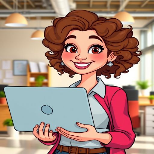 Create a vibrant cartoon character illustration of a woman with curly brown hair holding a laptop, in a bright and cheerful office setting, using a Canon EOS R5 camera with a 50mm lens, aperture f/1.8 for a shallow depth of field, ISO 100, and a slightly elevated angle to capture the character's expression and details.