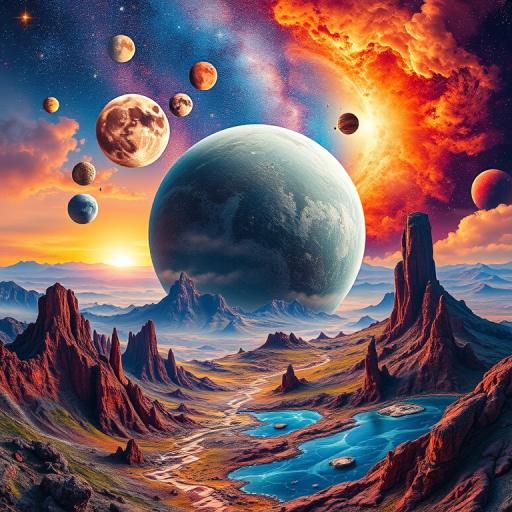 Create a vibrant digital collage featuring surreal landscapes and celestial bodies, with an emphasis on rich colors and intricate details, using a wide-angle lens at f/11, ISO 100, 1/125s shutter speed, in a studio setting with soft diffused lighting.