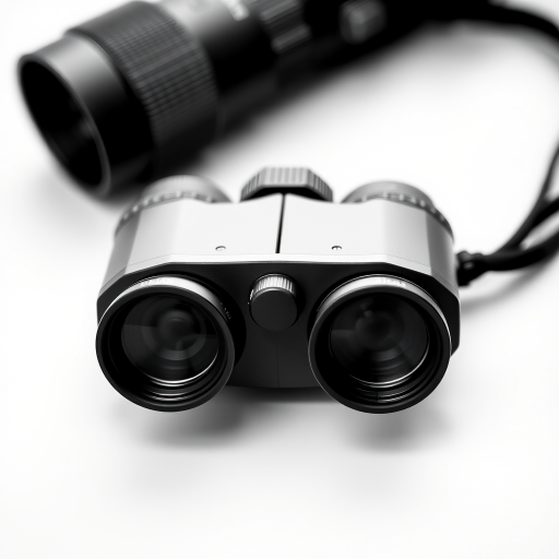 Create an image of a pair of binoculars in a minimalist black and white style, using a DSLR camera, 50mm lens, aperture f/2.8, ISO 100, 1/200s shutter speed, centered view, crisp details.