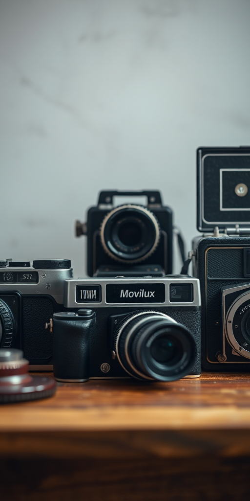 Capture a still life of vintage film cameras including a Movilux, a 16mm projector, and a Kodak box camera, with soft diffused lighting, shallow depth of field, shot at f/4, ISO 100, 1/60 sec using a DSLR camera with a 50mm lens from a top-down angle to enhance the textures and details.