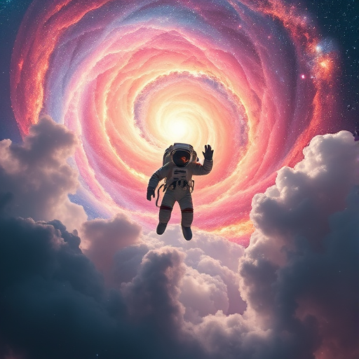 Create an image of an astronaut floating through a colorful galaxy with swirling clouds and sparkling stars, using a Canon EOS R5 with a 24mm f/1.4 lens at ISO 100, aperture f/2.8, and a shutter speed of 1/250s, in a cinematic view with high dynamic range.