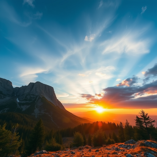 Generate a high-quality image of a mountain landscape during sunrise, 50mm lens, f/8 aperture, ISO 100, 1/200 shutter speed, wide-angle view, DSLR camera, vibrant colors and sharp details.