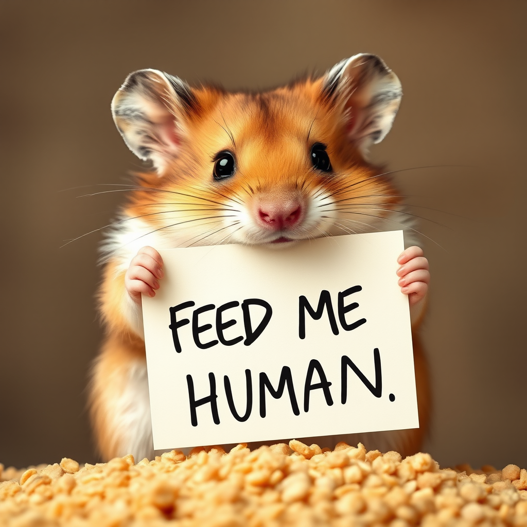 hamster holding a note which says "FEED ME HUMAN"