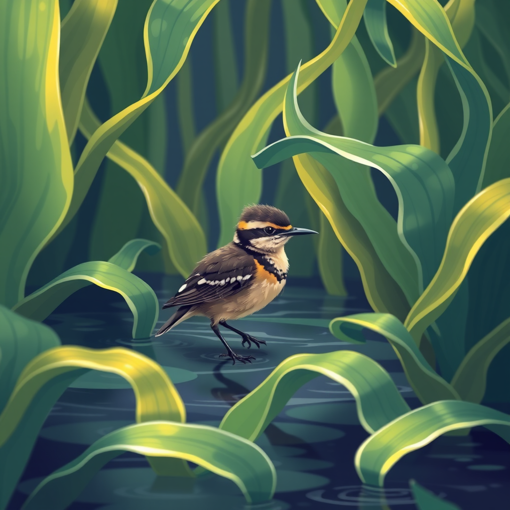 Create a vibrant illustration of a young bird amid lush, wavy aquatic plants, using a Canon EOS 5D Mark IV with a 50mm f/1.8 lens, aperture set to f/2.8, ISO 200, and a slight vignette effect for added depth.