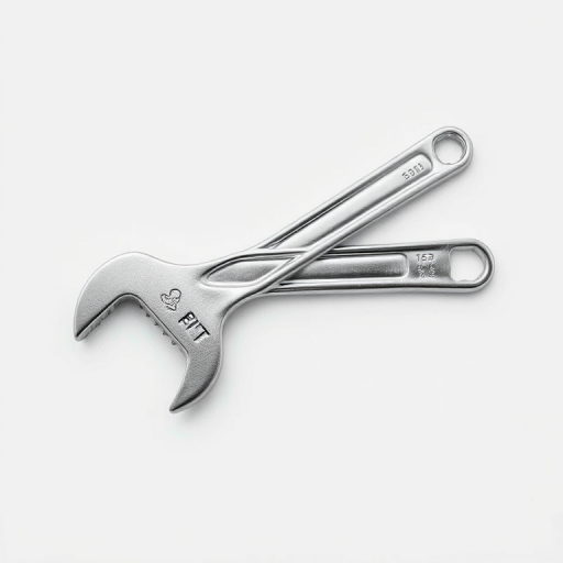 Create a high-resolution image of a shiny silver wrench on a plain background, captured with a 50mm lens at f/2.8, ISO 100, using a DSLR camera from a top-down angle to emphasize its details and reflections.
