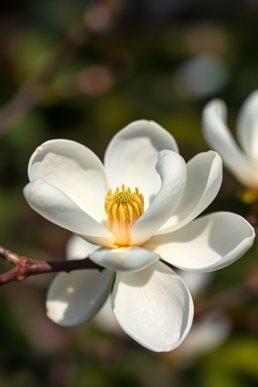 Close-up of a white magnolia flower on a branch, shot with a 50mm lens, aperture f/2.8, ISO 100, natural lighting, shallow depth of field, DSLR camera.
