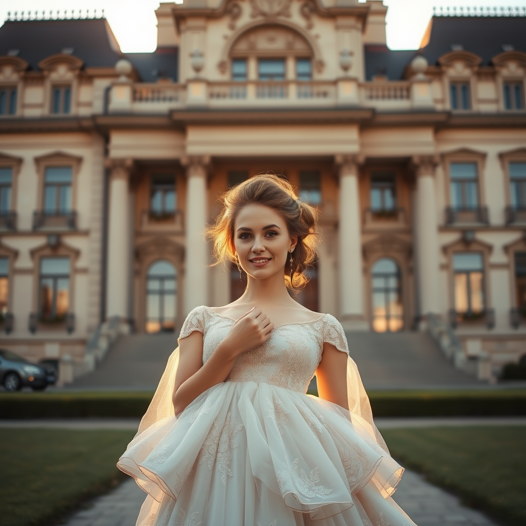 An elegant woman, dressed in a vintage gown, stands in front of a grand, historic building. The setting sun casts a warm, golden light on her