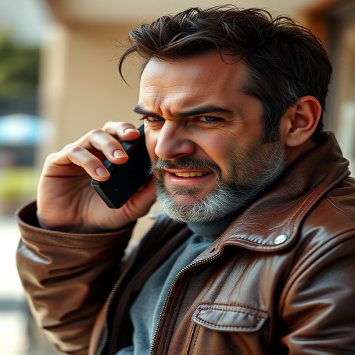portrait of a rugged man in a leather jacket talking on a phone with an intense expression, hand raised as if signaling, natural daylight, shot with a Canon EOS R5, 50mm lens, f/1.8 aperture, ISO 200, shallow depth of field, cinematic style