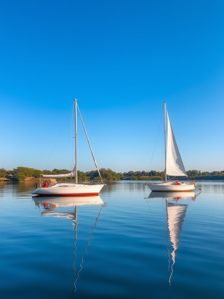 Regenerate the image of two sailboats on a calm river with reflections in the water under a clear blue sky, using a DSLR camera at f/8 aperture, ISO 100, 50mm lens, and a slightly elevated viewpoint to enhance detail and depth.