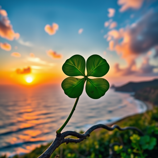 Generate a vibrant landscape featuring a large four-leaf clover on a twisted branch overlooking a serene ocean at sunset, with colorful clouds and a bright sun, captured with a Canon EOS R5, 24mm lens, aperture f/8, ISO 100, HDR style, in soft focus.