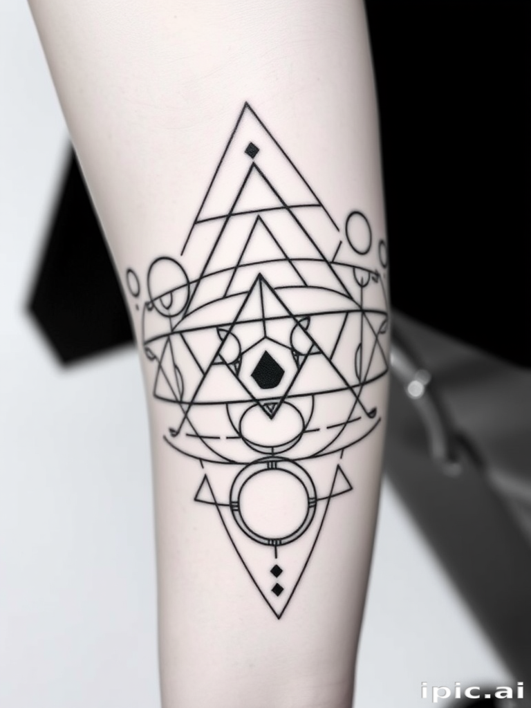 Minimalist black and white linework tattoo called "Geometric Harmony" showcasing intricate patterns of triangles, circles, and hexagons intertwining to form a mesmerizing abstract design with clean crisp edges