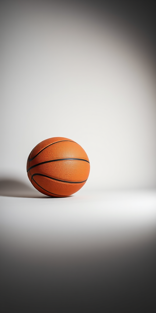 Create a high-resolution image of a basketball on a plain background with soft lighting, using a DSLR camera with a 50mm lens, aperture set to f/2.8, ISO 100, and a shallow depth of field.