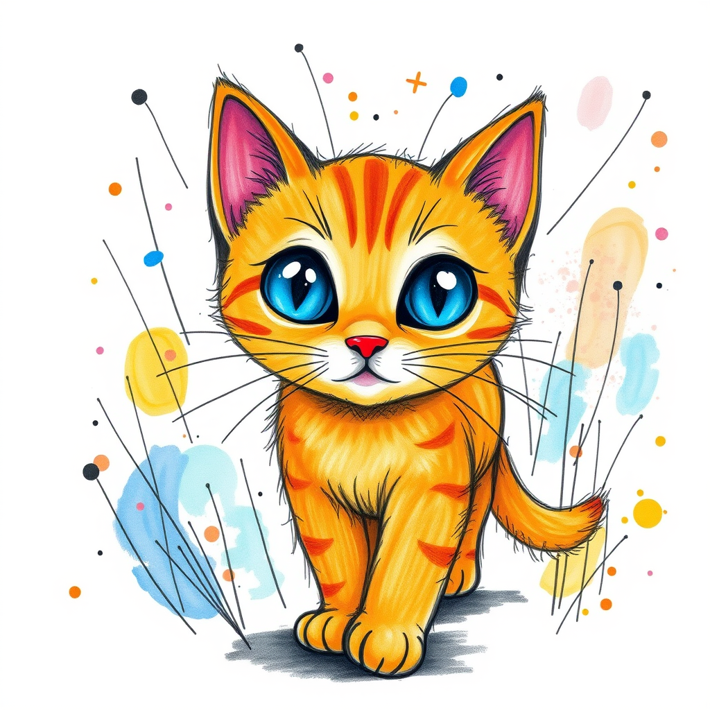 A vibrant childs coloured pencil drawn illustration of a bright orange cat with large, expressive blue eyes, a very cute style. The cat appears to be walking towards the viewer, surrounded by an abstract splash of colors and fine black lines, giving the image a dynamic and artistic flair. The background is a soft beige, highlighting the cat's vivid coloration and playful demeanor. Naively drawn scratchy line style.