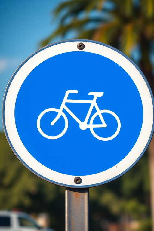 Create a high-resolution image of a bicycle road sign featuring a white bicycle icon centered on a blue circular background, captured with a DSLR camera at f/8 aperture, ISO 100, 1/200s shutter speed, with a clear view and high contrast, utilizing a shallow depth of field for enhanced clarity.