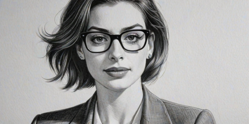 Pleasing Anne Hathaway, pencil sketch, portrait of Appealing woman 1978s in glasses, hair style beatnik, outline, clear lines, fine lines, 8k