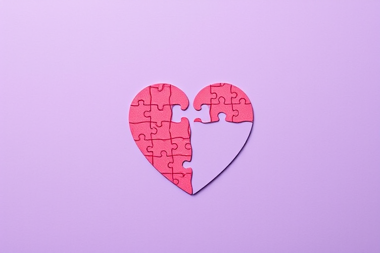 Create a vibrant image of a heart-shaped puzzle with a few pieces missing, using a soft purple background, shot with a Canon EOS R5 at f/2.8, ISO 100, 50mm lens, top-down view, flat lay style for enhanced detail and clarity.