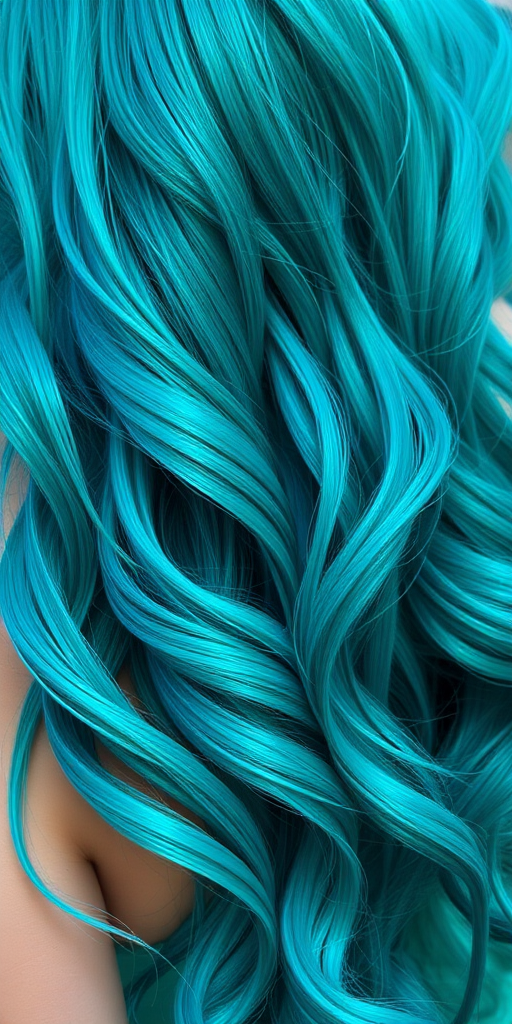 Vibrant teal mermaid waves cascade down her shoulders, shimmering with iridescent highlights, creating a mesmerizing oceanic effect that captivates onlookers with its ethereal beauty and depth.