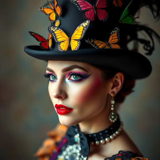 portrait of a woman wearing a whimsical top hat adorned with colorful butterflies, vibrant makeup, and elaborate costume, soft focus background, studio lighting, ISO 100, aperture f/2.8, shutter speed 1/200s, 85mm lens, shot from eye level, high dynamic range for enhanced colors and details