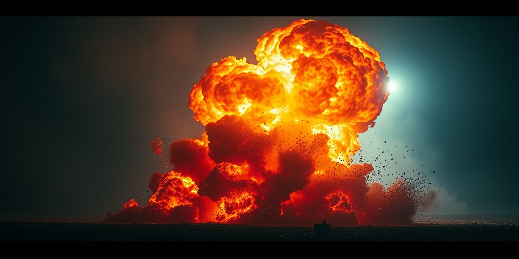 Generate a high-resolution image of an explosion with dramatic lighting, using a DSLR camera, 50mm lens, f/1.8 aperture, ISO 100, shutter speed 1/500 sec, 4K resolution, with a low-angle view for a cinematic effect.