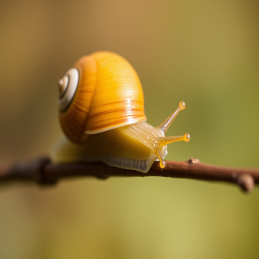 Close-up of a yellow snail shell on a brown twig, shallow depth of field, natural soft lighting, macro lens, f/2.8 aperture, 100mm focal length, ISO 200, focus on the snail, blurred background for enhanced detail.