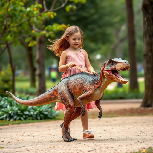 12 year old girl in a dress walking her pet Velociraptor on a leash through a park