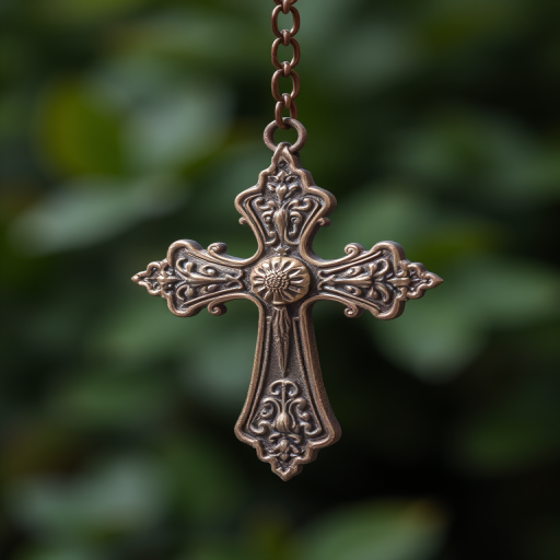 Create an image of an ornate cross hanging from a chain with detailed embellishments, using a DSLR camera, 50mm lens, f/1.8 aperture, ISO 100, and a shallow depth of field to emphasize the intricate design against a softly blurred background of greenery.
