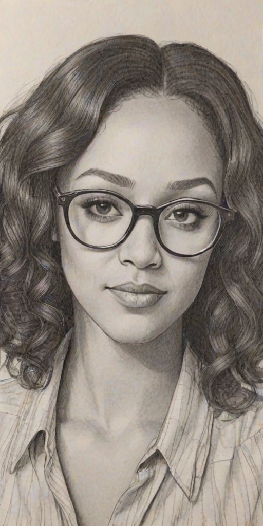 Wonderful Tamara Mowry, pencil sketch, portrait of Superb woman 1977s in glasses, hair style beatnik, outline, clear lines, fine lines, 8k