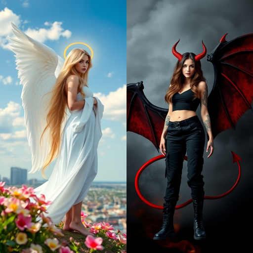 Create an image with a split composition, half representing an angel and half a demon. The angel is on the left, depicted with long, flowing blonde hair, a golden halo above her head, and wearing a white robe. She has large, feathered wings, and she's barefoot, standing amidst blooming flowers with a cityscape in the background under a clear blue sky with a few clouds. The demon is on the right, featuring long, wavy black and red hair, red horns on her head, and wearing a black crop top and black cargo pants. She has large, bat-like wings with red and black hues, and is wearing black combat boots. Her skin is adorned with tattoos. The background on the demon's side is dark and smoky, with hints of flames and a red tail curling behind her. Both figures stand back-to-back, creating a stark contrast between light and dark, good and evil.